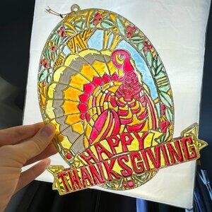 Vtg Plastic Happy Thanksgiving Turkey Suncatcher Gold Metallic Accent 9.5in Tall